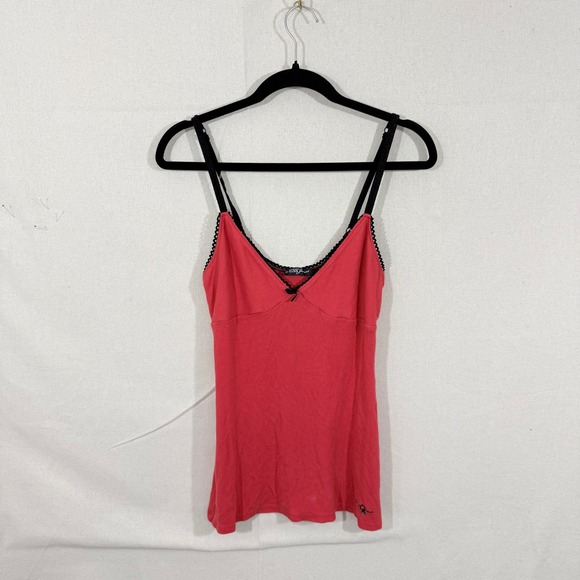 Guess Jeans Tops - Guess Jeans Red Ribbed Lace Trim Camisole Tank Top XL Bow Rhinestone Y2K